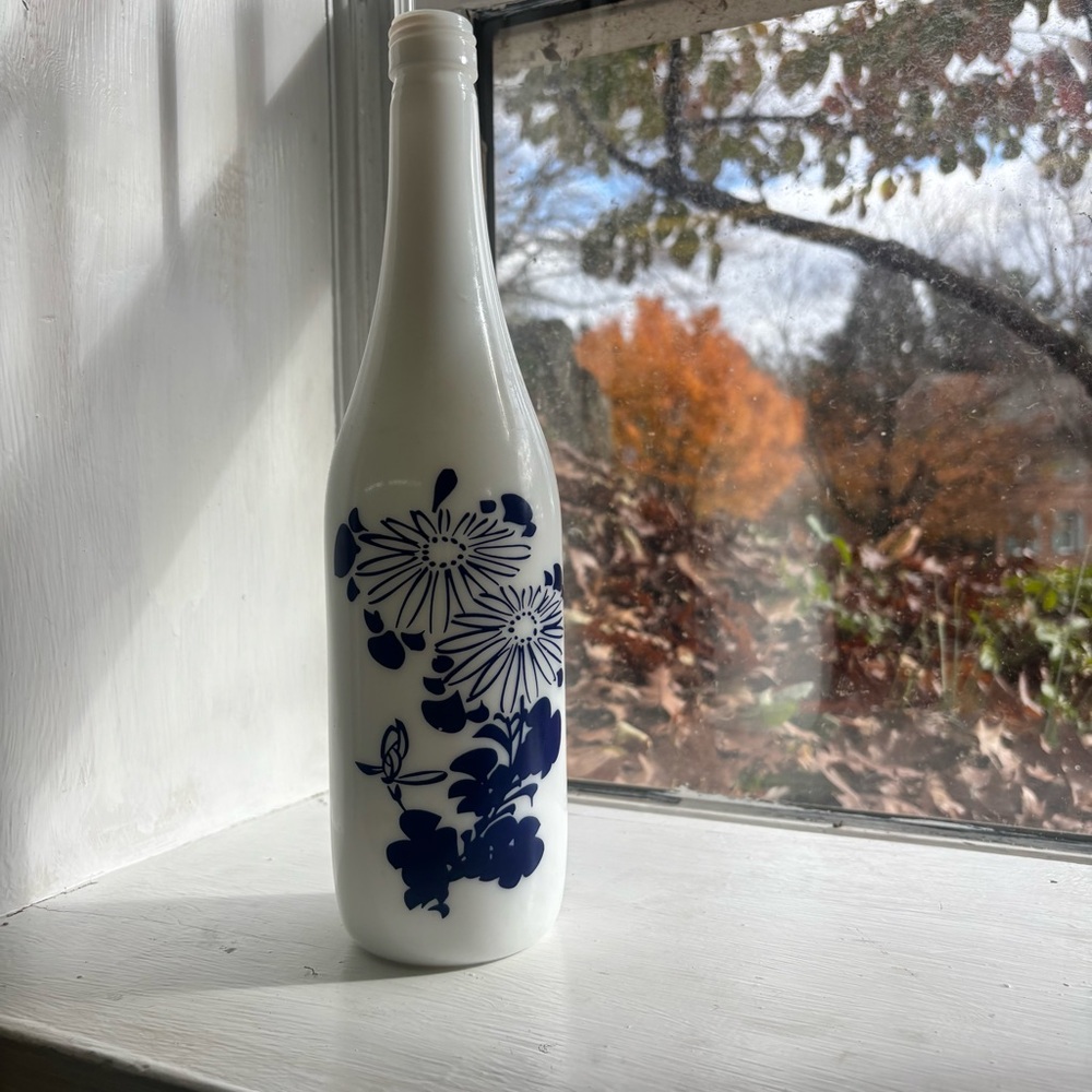 Vintage Milk Glass Kiku-Masamune Japanese Saki Bottle Blue White Decor